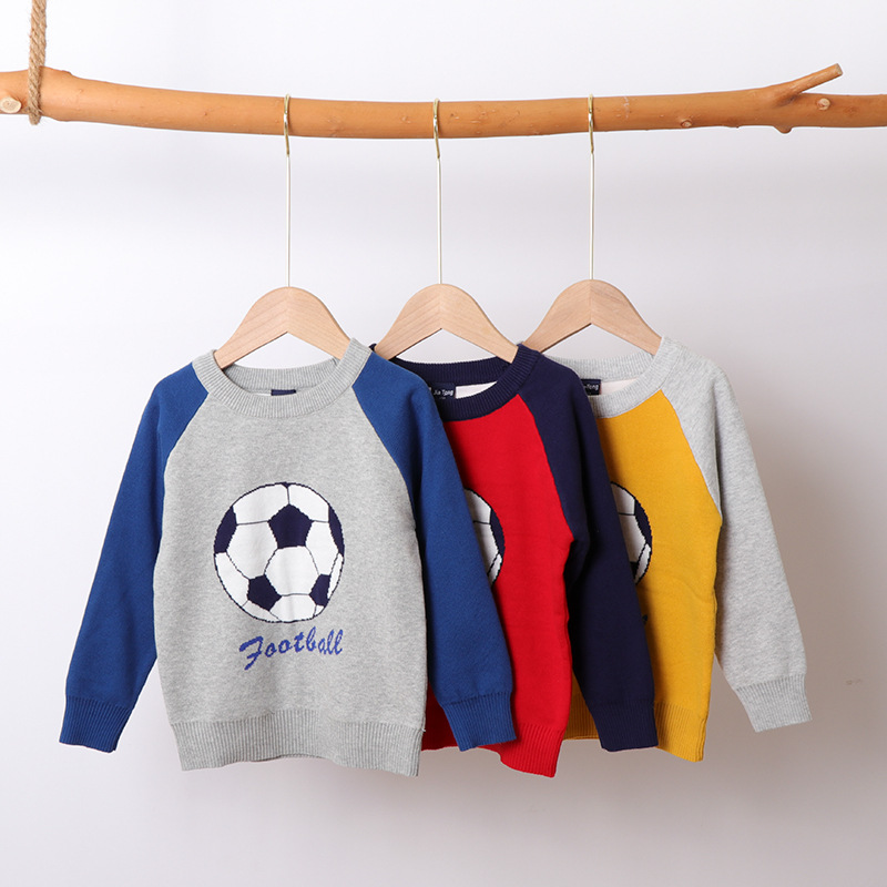一件代发秋冬新款童毛衣百搭棉线双层圆领卡通足球中童男童针织衫