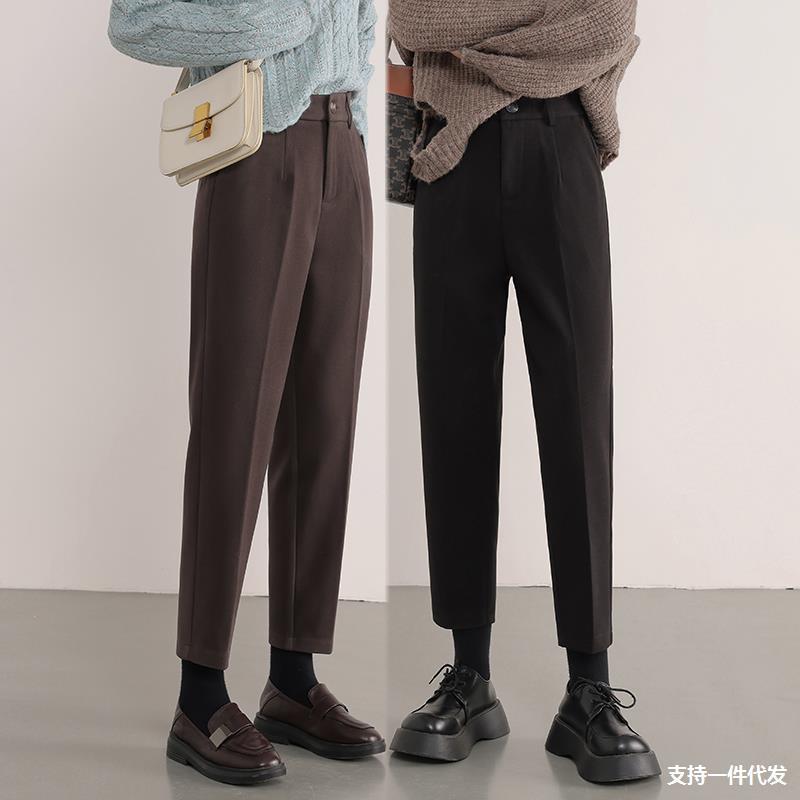 锥形裤女2021秋冬萝卜棕色毛呢裤子九分小脚小个子直筒哈伦烟管裤