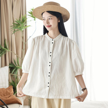 白色纯棉短袖衬衫女2023夏季新款设计感圆领开衫宽松显瘦上衣衬衣