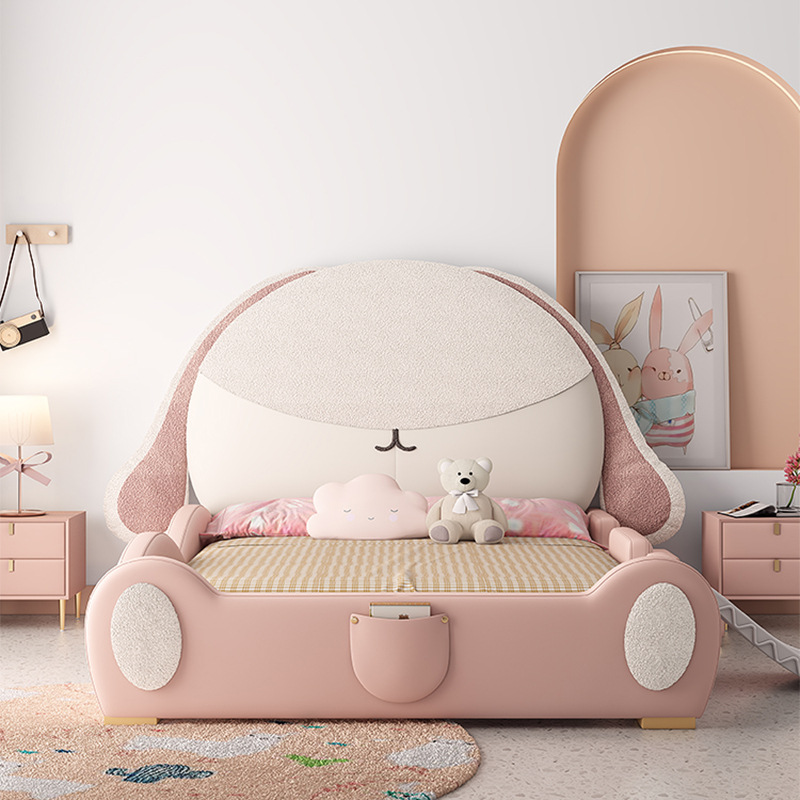 卡通实木儿童床女孩可爱粉色兔子床卧室1.2m带滑梯软包真皮床