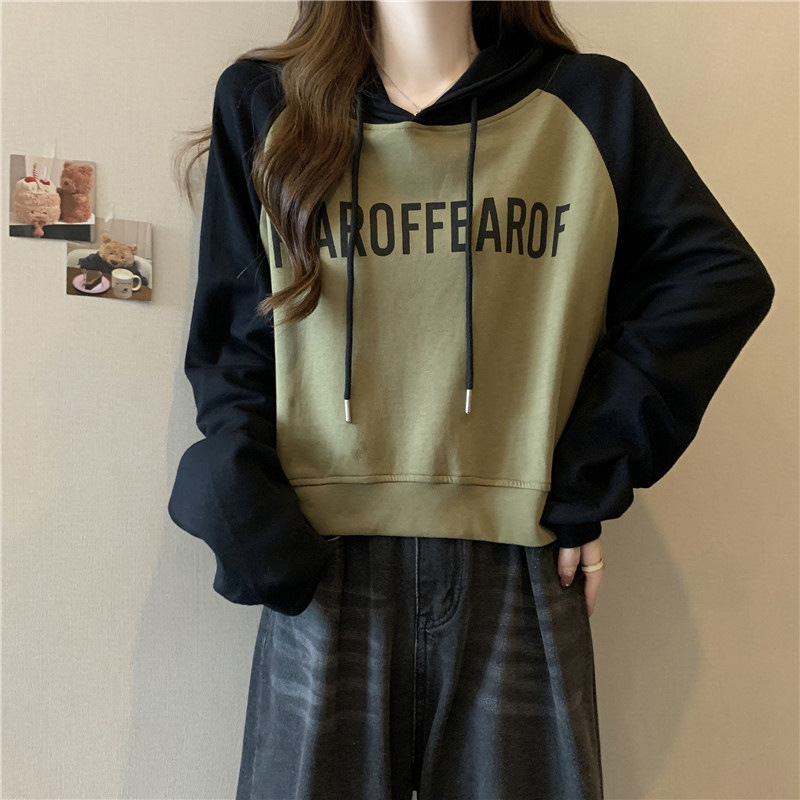 跨境美式短款字母印花拼色连帽百搭蝙蝠袖高腰撞色卫衣女一件代发