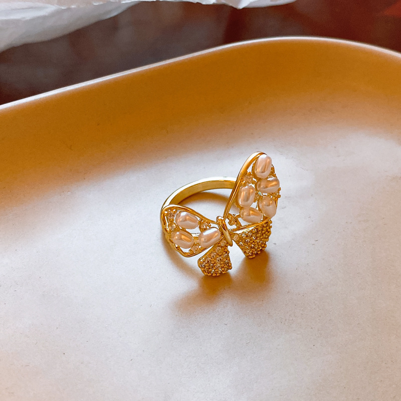 Real Gold Electroplated Zircon Pearl Butterfly Ring Niche Creative Fashion Index Finger Ring French Light Luxury High-Grade Jewelry