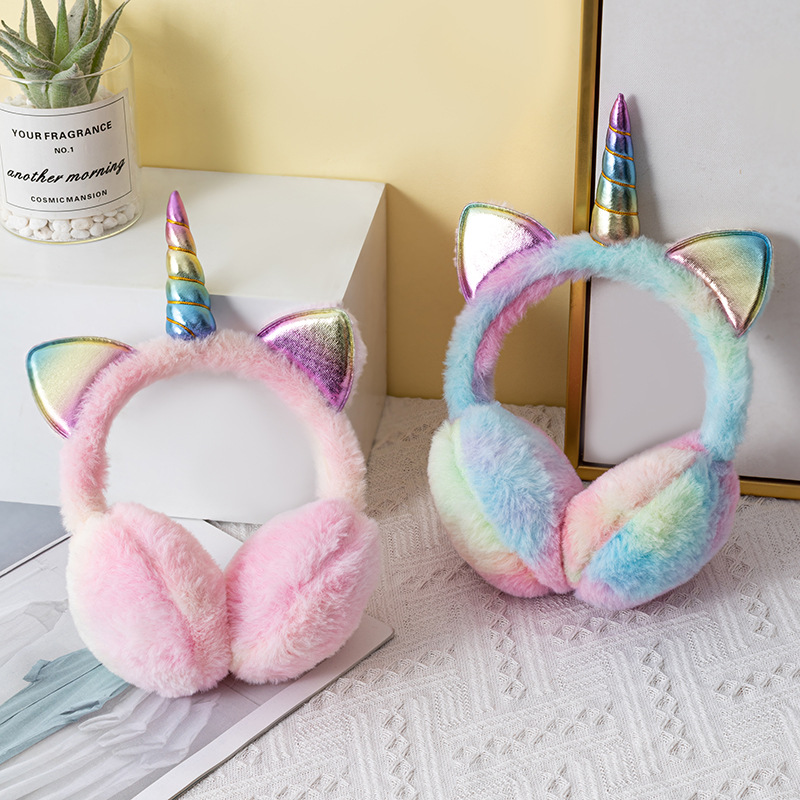 跨境专供独角兽保暖耳罩冬季耳套防寒仿兔毛上戴式可伸缩耳包批发