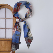 经典油画丝巾发带女105x6短款欧美复古装饰领巾双面印花飘带包带