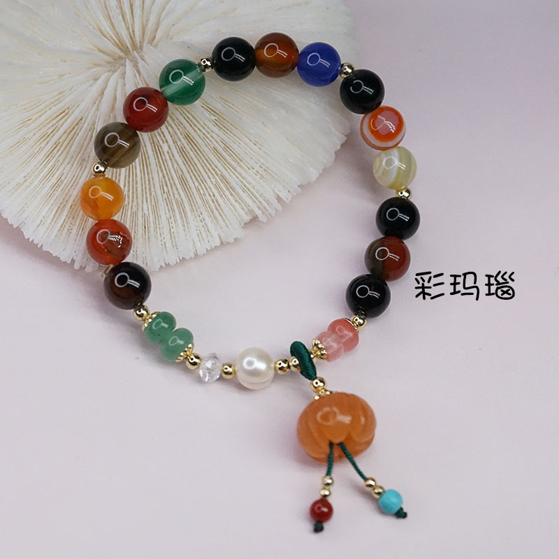 复古盐源玛瑙手链女民族风莲花灯造型草莓晶彩玛瑙手串直播款手饰