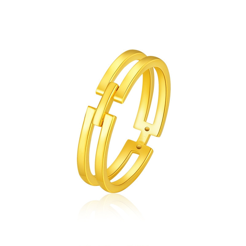 新款周家大福镀黄金戒指女ing系列f224376简约h双层指环电商代发