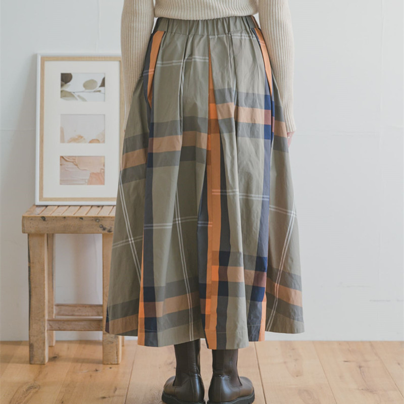 23 Spring and Summer Cotton and Linen Town U * R Plaid Elastic Waist A- line Skirt Deep Artistic Loose Mid-Length Skirt