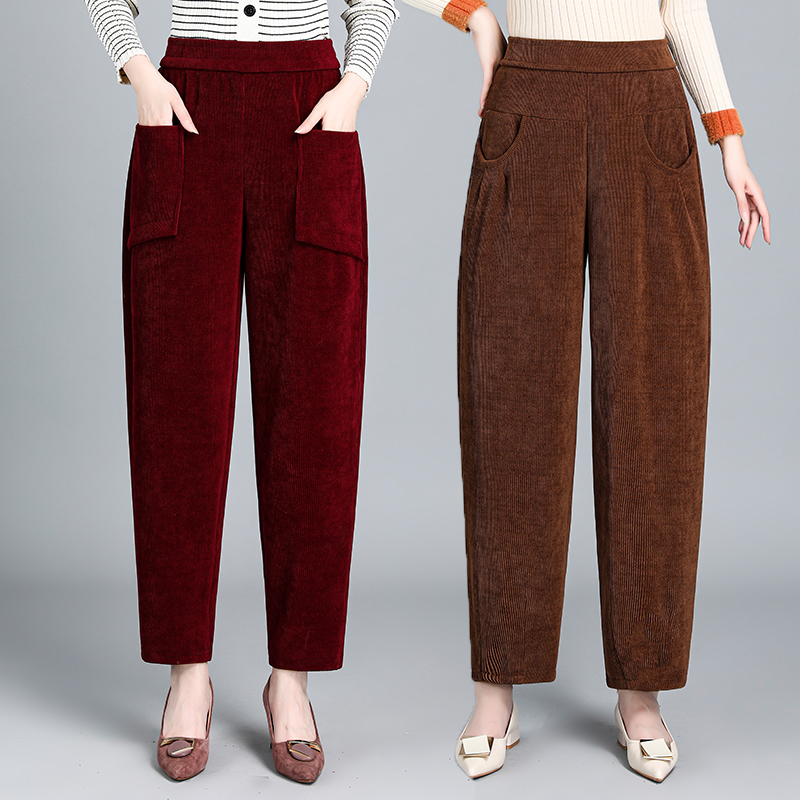 灯芯绒妈妈裤子女秋冬新款松紧腰宽松休闲奶奶裤中老年条绒哈伦裤