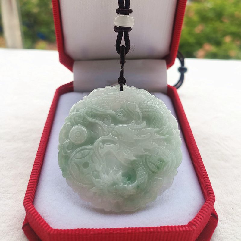 天然翡翠a货龙凤玉佩玉石项链吊坠毛衣链情侣圆牌挂件龙凤牌子