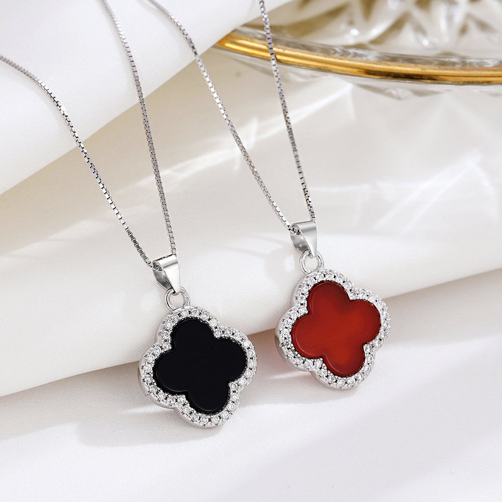 S925 Silver Agate Clover Pendant Korean Chic Women's Elegant Clover Necklace Clavicle Chain Fashion Jewelry