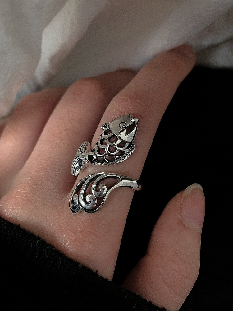 s925银霸气富贵鲤鱼戒指女时尚百搭夸张个性开口设计复古民族风