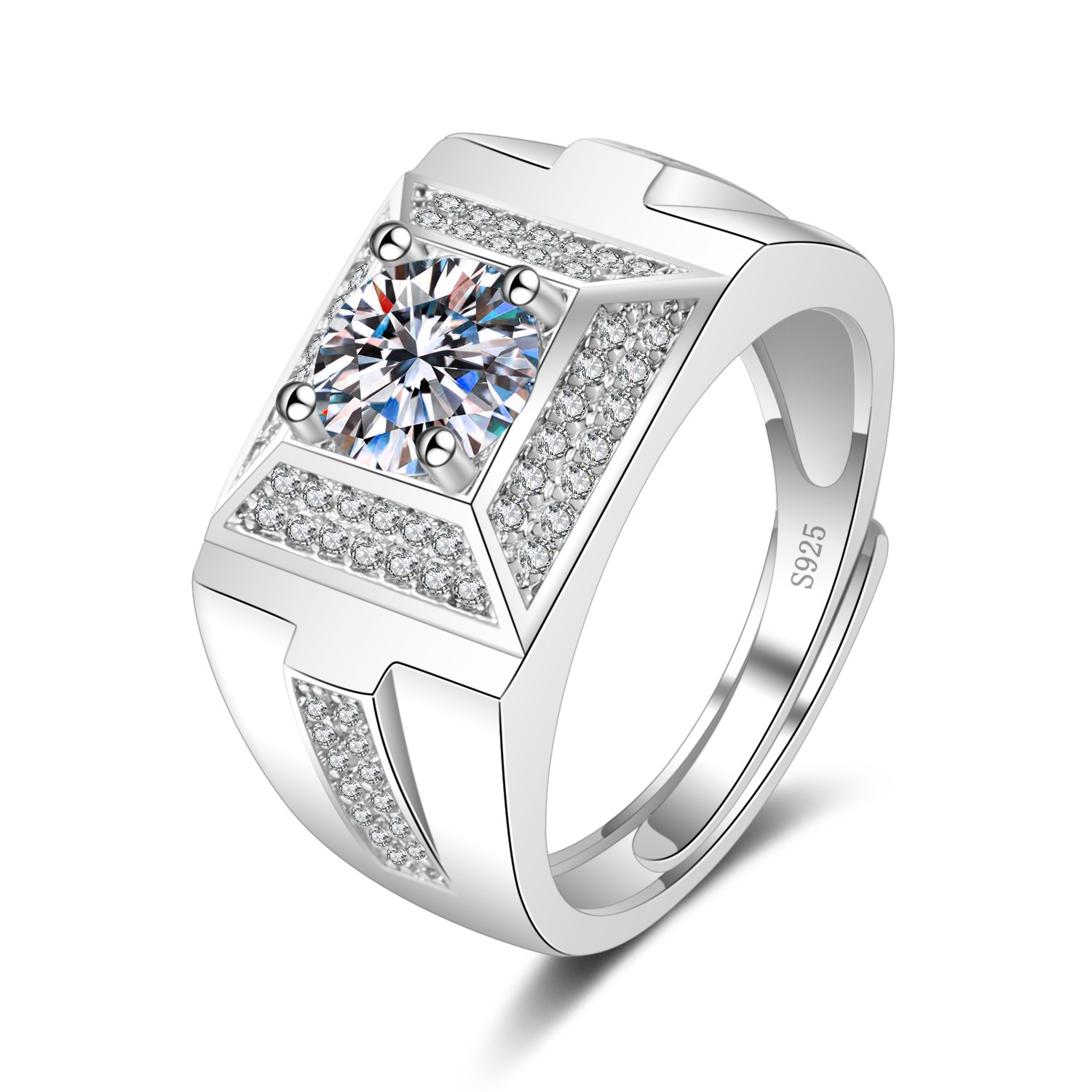 欧美跨境春季男士霸气莫桑戒指开口男指环男式戒指时尚男饰品