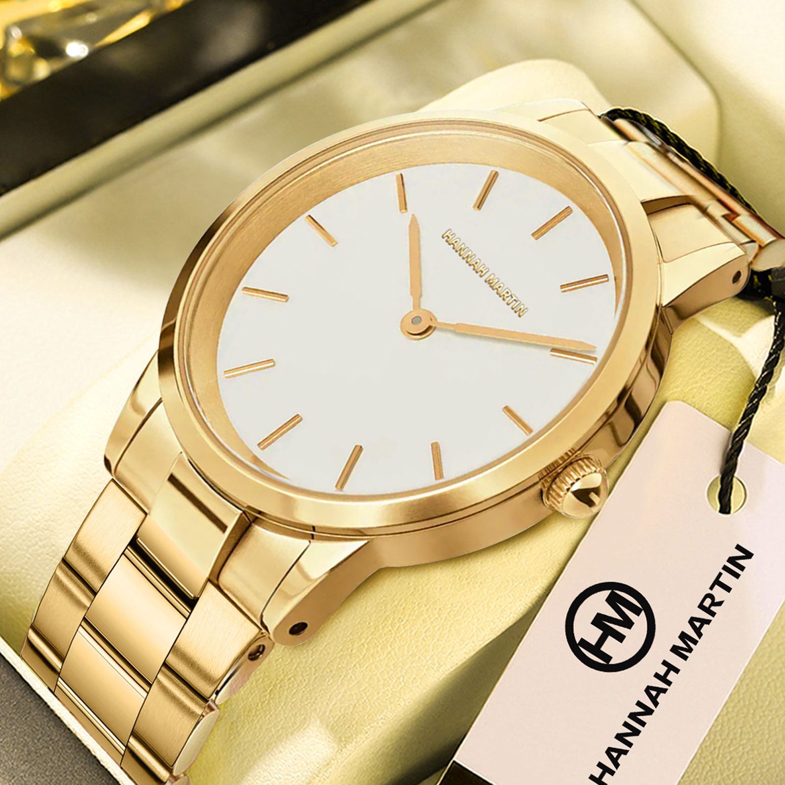 亚马逊金色指针钢带女士气质腕表商务女手表防水石英表一件批发