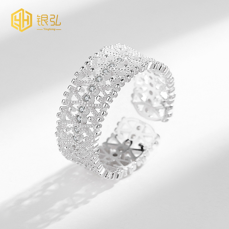 S925 Sterling Silver Lace Zircon Ring Female Light Luxury French Minority Design Hollow Lace Internet-Famous Index Finger Ring