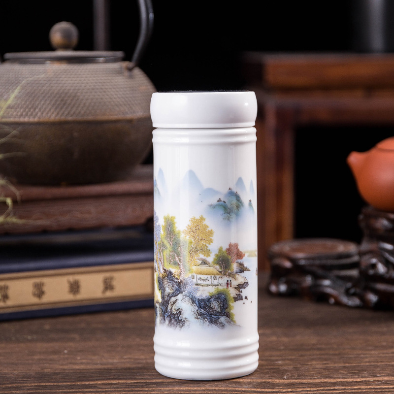 Jingdezhen Ceramic Thermos Cup Blue and White Straight Tube Handy Car Business Gift Cup Logo Making Factory Wholesale