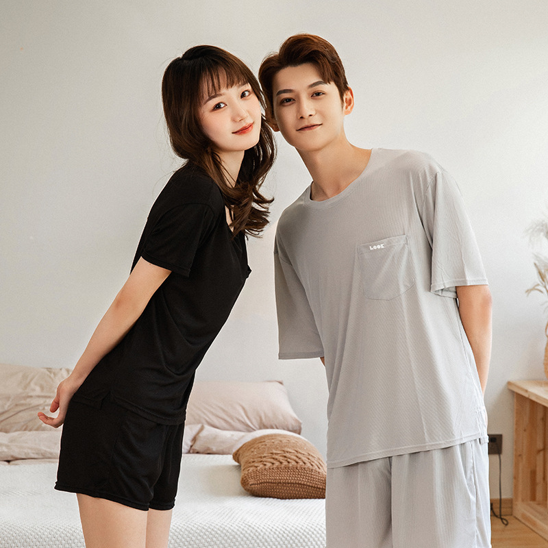 Ice Silk Couple Pajamas Suit Women's Summer 2023 Loose plus Size Pocket Homewear Men's Pajamas in Stock Wholesale