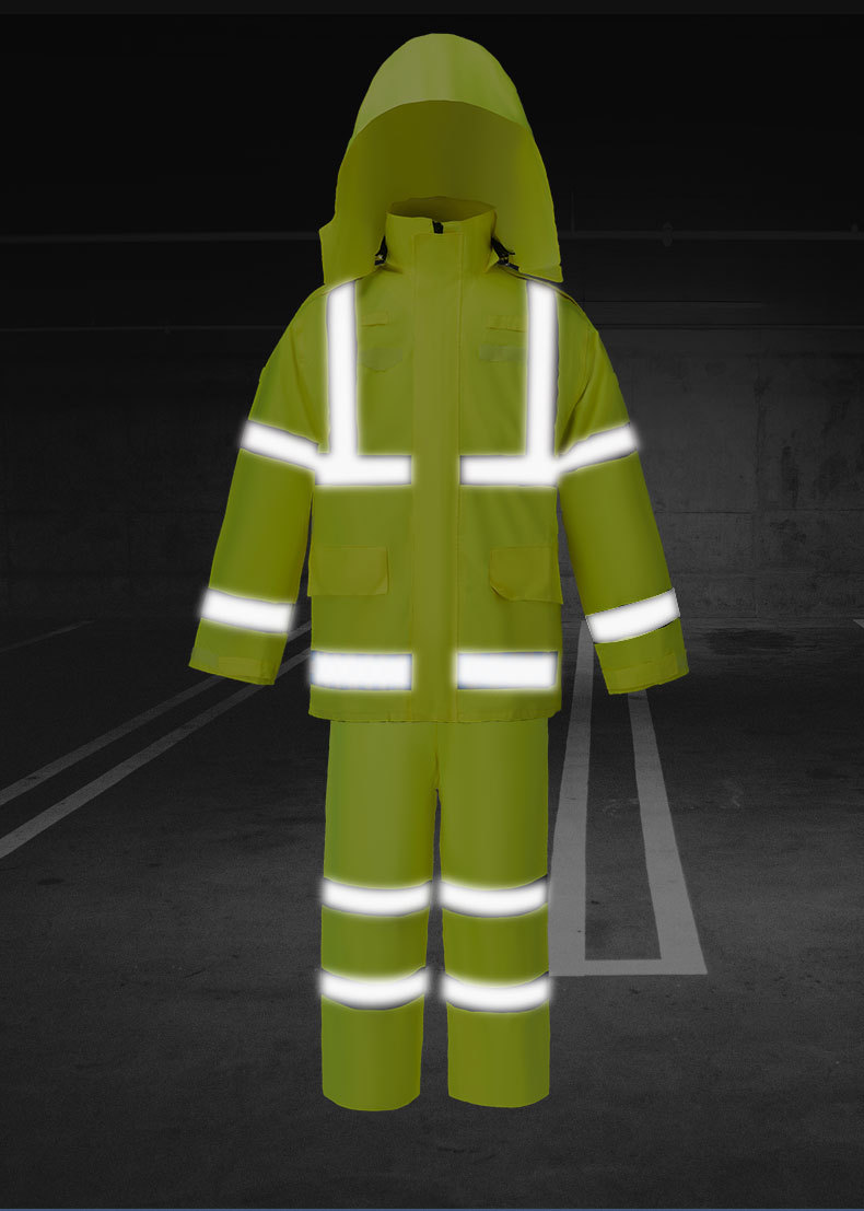 厂家批发执勤交通雨衣雨裤分体式套装荧光黄pu反光户外消防套装