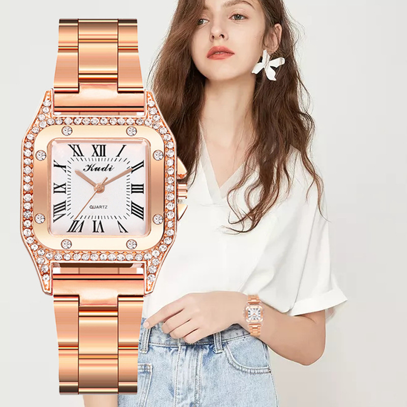 Cross-Border New Arrival Square Women's Steel Watch Fashion Roman Diamond Gold Men's Watch Alloy Quartz Watch