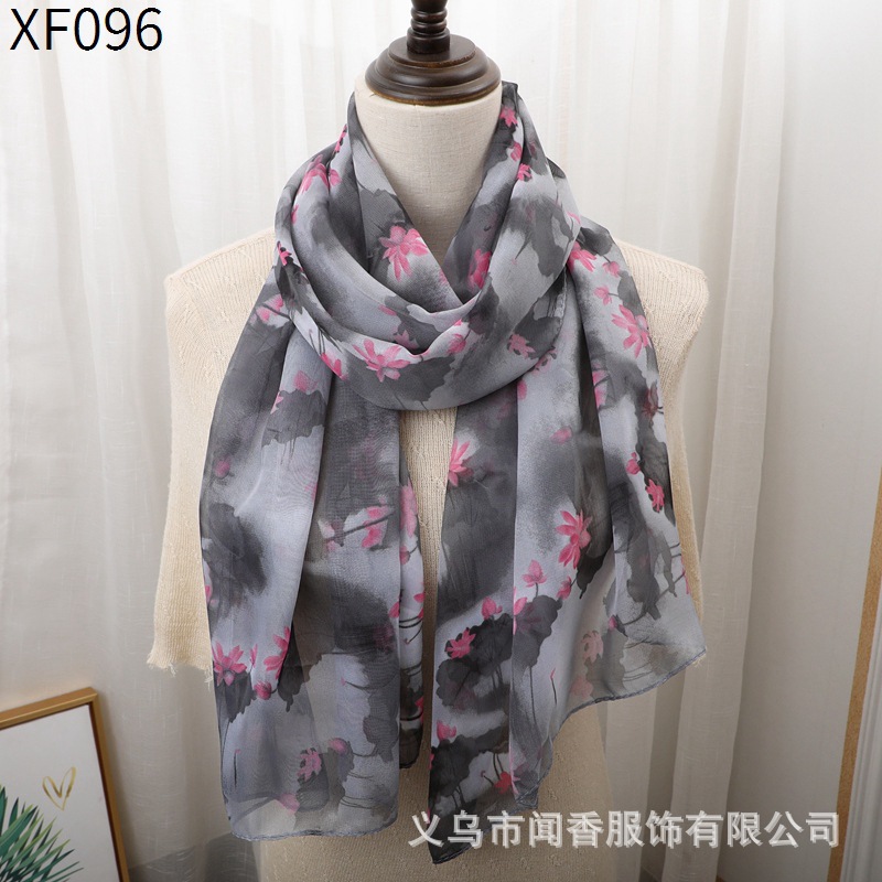 2023 Autumn and Winter Printing Chiffon Scarf Female Lotus Flower Scarf Mother Neck Protection Decoration Gauze Kerchief Sunscreen Scarf