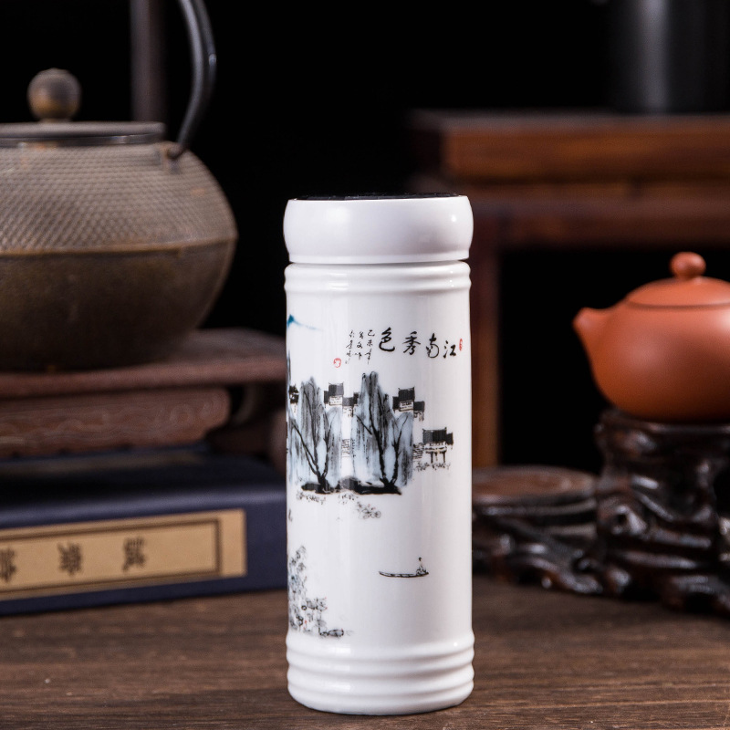 Jingdezhen Ceramic Thermos Cup Blue and White Straight Tube Handy Car Business Gift Cup Logo Making Factory Wholesale