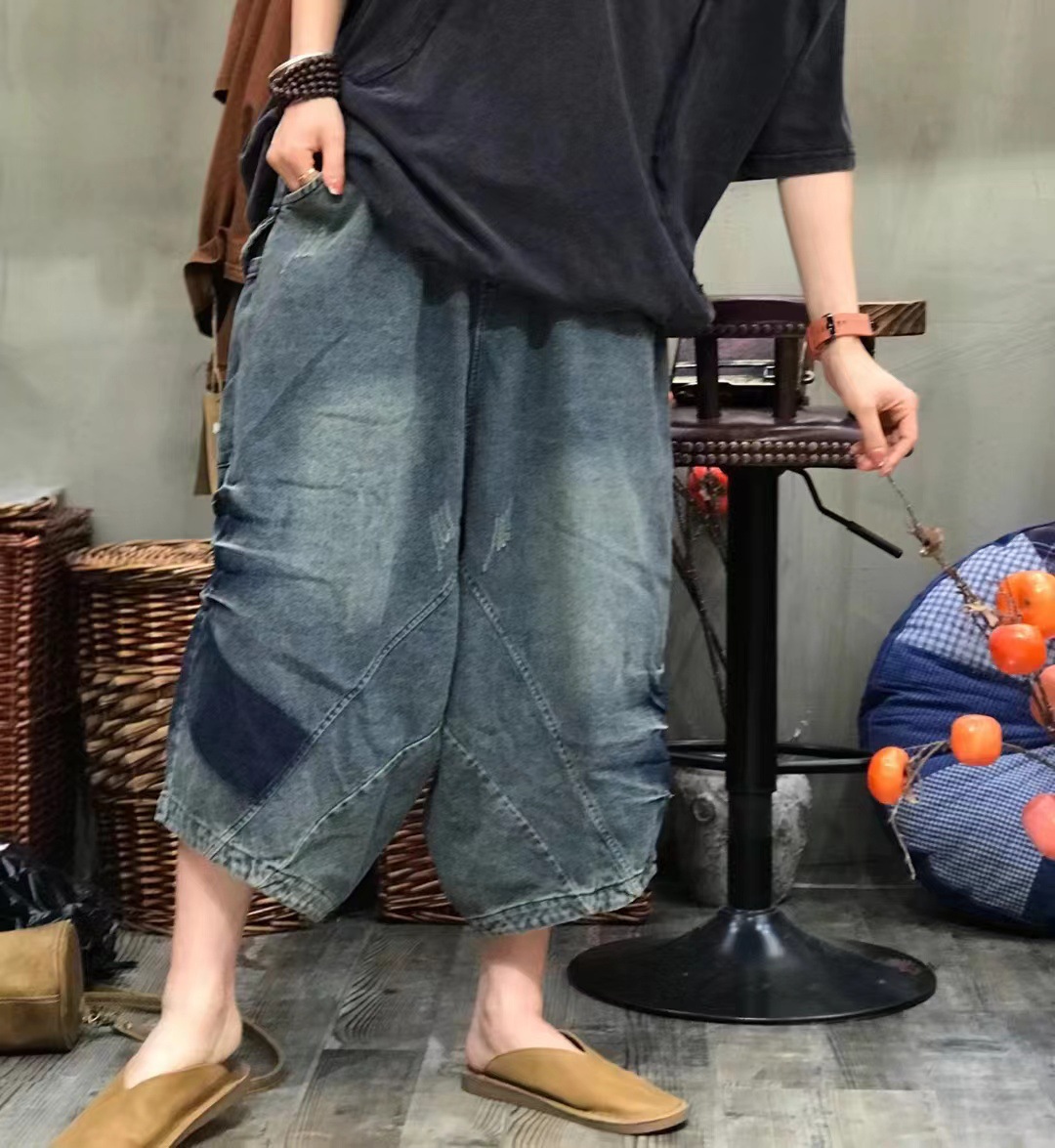 2022夏季新款 水洗做旧低档宽松牛仔裤女