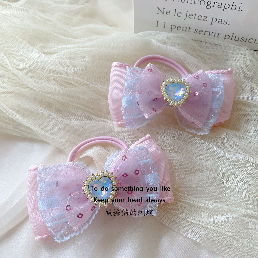 粉蓝色公主风摩卡爱心发圈可爱软萌少女孩皮筋甜美蝴蝶结儿童发饰