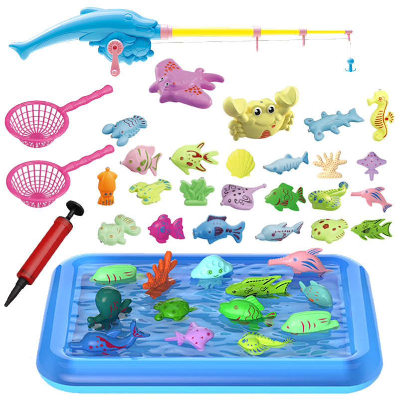 跨境儿童玩具钓鱼玩具磁力鱼竿捞鱼游戏手摇鱼竿带充气水池套装