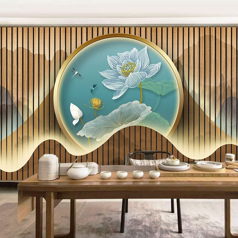 禅意古典茶室壁纸新中式荷花背景墙直播间茶台壁布茶艺茶叶店墙纸