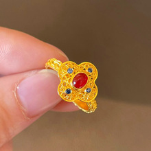 古法金色花丝镶嵌红石戒指女花朵富贵华丽中式复古开口指环女饰品