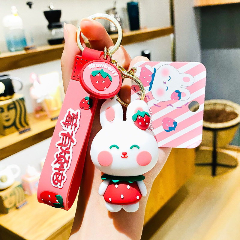 Creative Pink Strawberry Bear Tide Coocar through Car Keychain Schoolbag Pendant High Sense a Pair of Small Gifts Wholesale