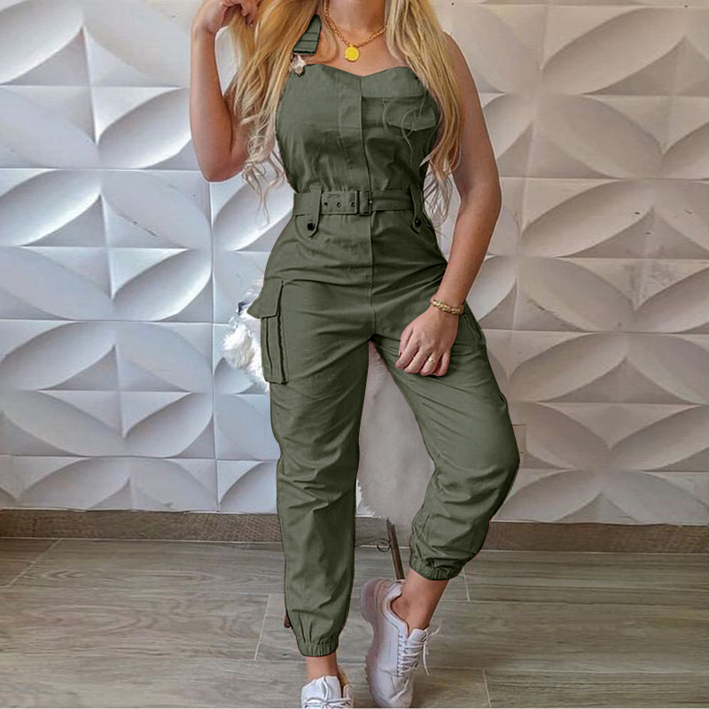 In Stock 2022 Fashion European and American Cross-Border Women Workwear Jumpsuit Belt Sleeveless Overalls Simple Ankle Banded Pants