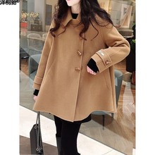 红色牛角扣羊绒呢子大衣女2023小个子短款秋冬斗篷宽松毛呢外套潮