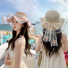 夏季玫瑰花丝带大帽檐草帽子女户外旅游太阳帽海边度假沙滩遮阳帽