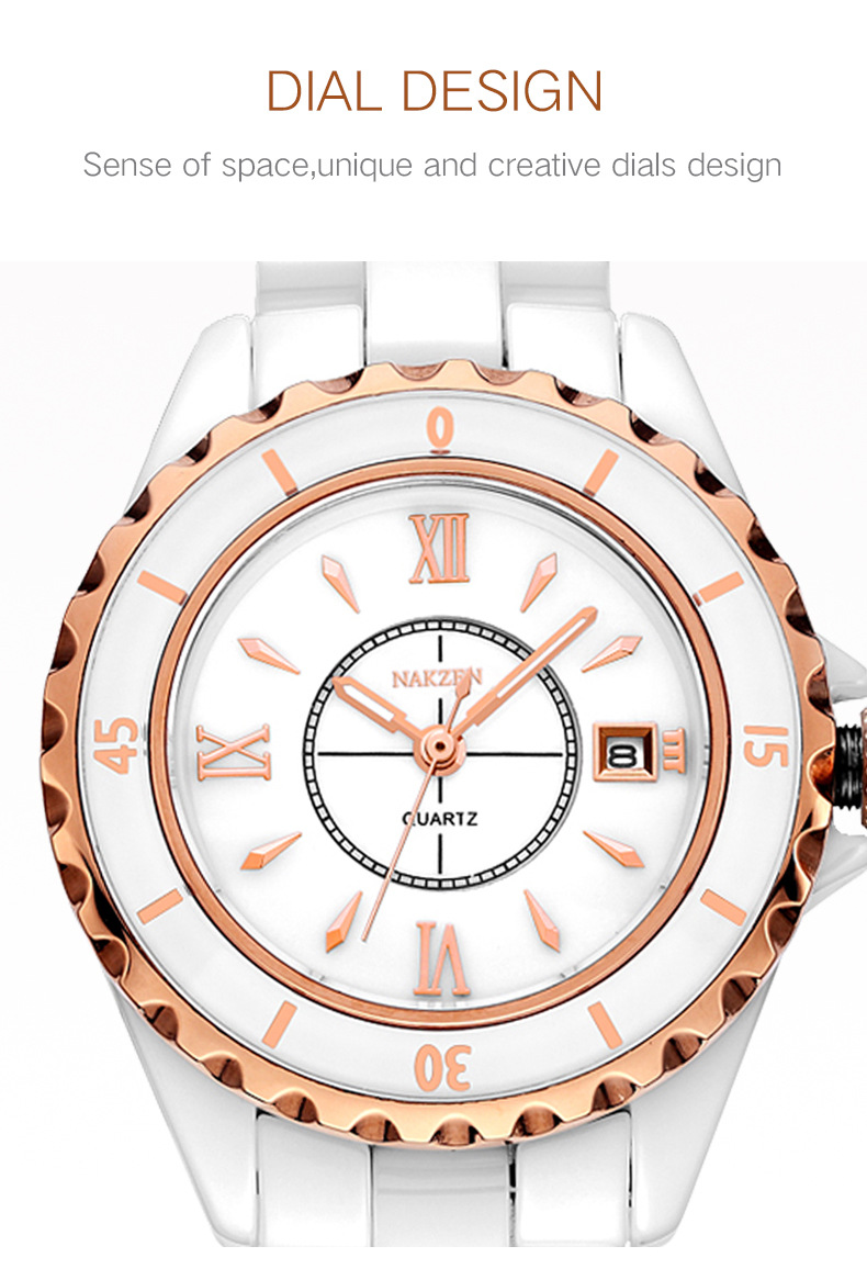 nakzen1005名古城新款圆盘日历优雅陶瓷女士ins石英机芯个性手表