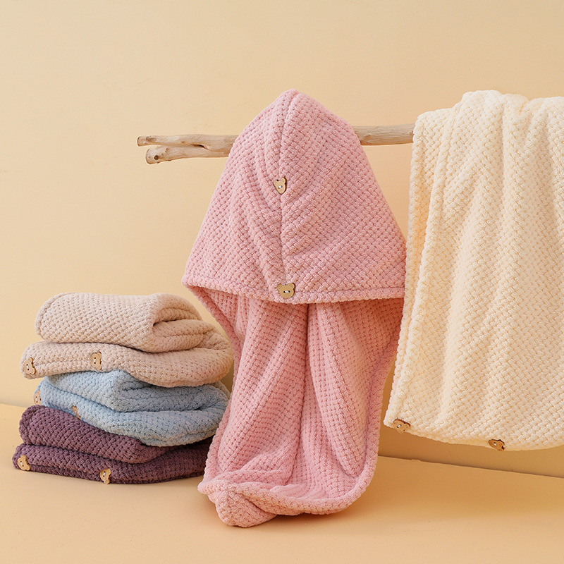 Coral Velvet Hair-Drying Cap Women's Pineapple Grid Double-Layer Shower Cap Soft Absorbent Thickening Home Hair Drying Towel Bath Shower Cap