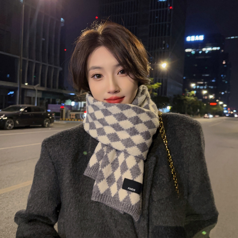 Diamond Plaid Scarf for Women New Japanese Style Cashmere-like Plaid Knitted Shawl Autumn and Winter Wild Warm Couple Scarf