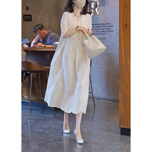 简约长款连衣裙女2023夏装新款轻熟V领减龄漂亮洋气知性白色裙子