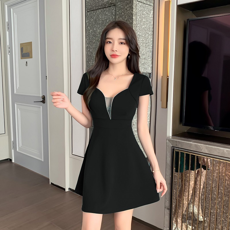 夜店性感深v低胸网纱短裙拼接紧身开衩包臀连衣裙夜场技师工作服