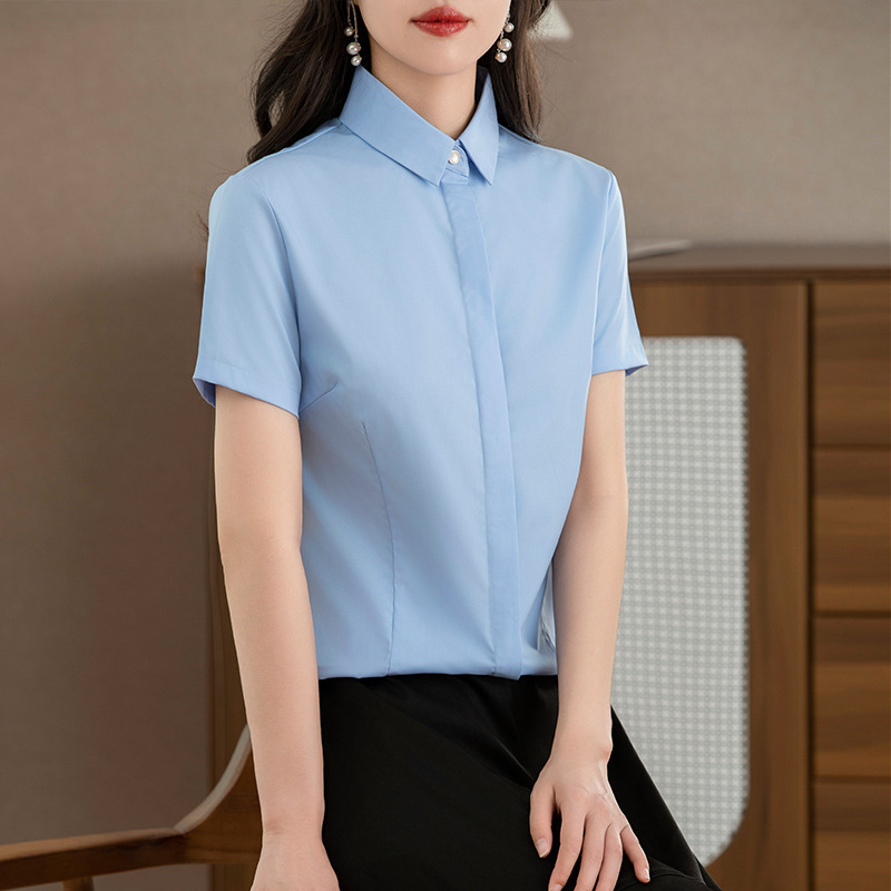24年夏季新款薄款雪纺衬衫女短袖纯色商务休闲职业工装暗门襟方领