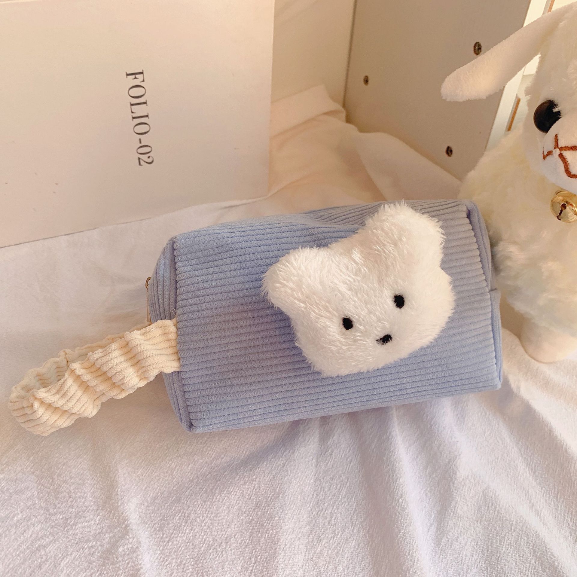 Plaid Bear Storage Bag Girl's Heart Cotton Large Capacity Pencil Case Cosmetic Makeup Brush Wash Bag Stationery Case