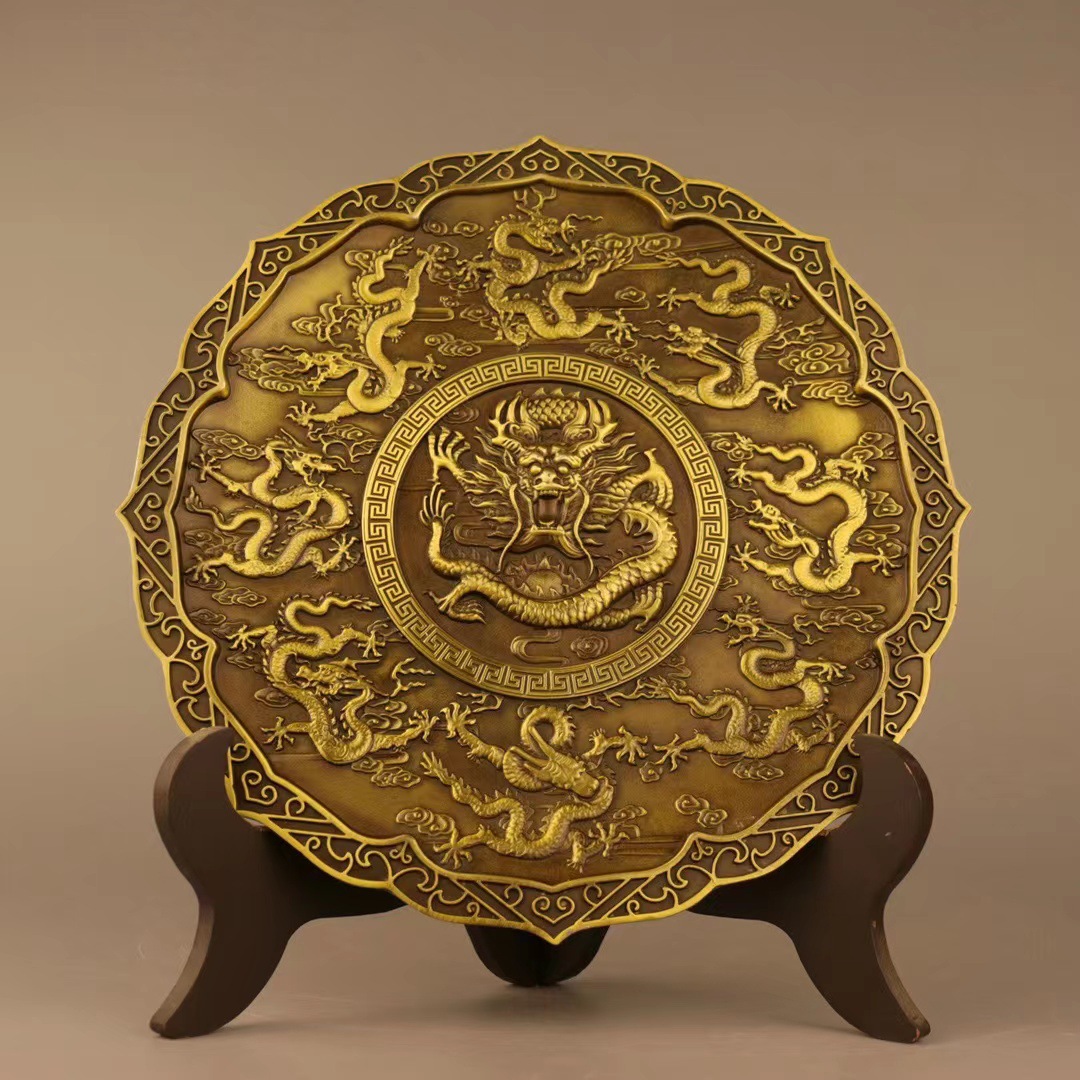 铜摆件铜龙盘铜九龙献瑞工艺品九龙壁龙凤呈祥全铜圆盘摆设龙凤盘