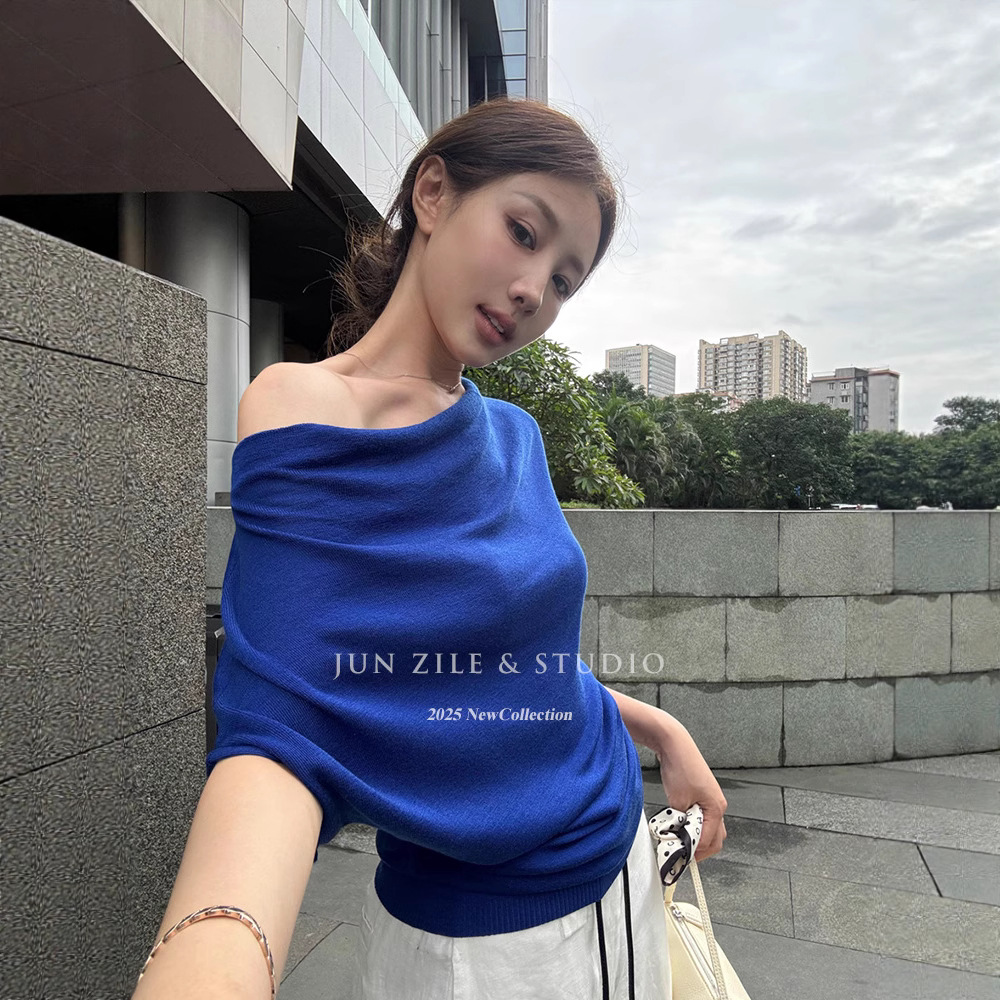 荡领斜肩一字肩上衣女多种穿法老钱风天丝薄款针织短袖T恤女装秋