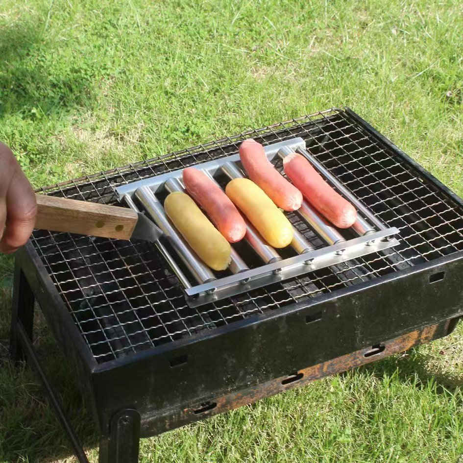 Cross-Border Hot Dog Rack Sausage Barbecue Grill with Wooden Handle BBQ Hot Dog Rack Wholesale Stainless Steel Hot Dog Rack