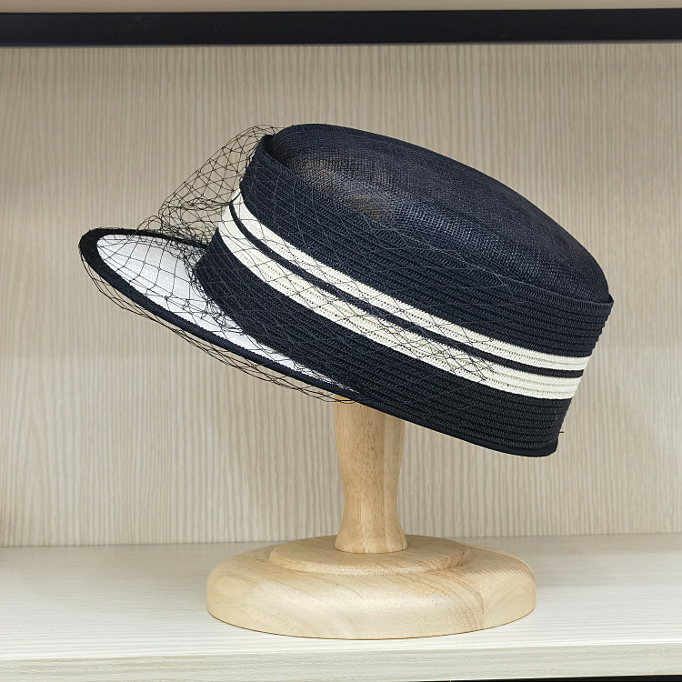 春夏日本款麻纱材质撞色网纱装饰复古优雅街头日搭时装草帽子