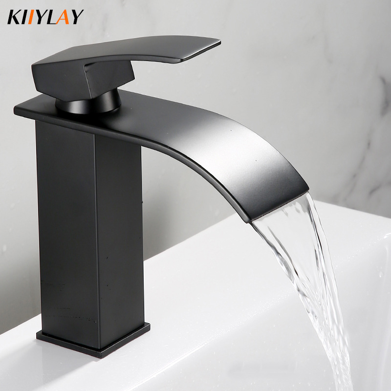 Black Basin Hot and Cold Faucet Curved Mouth Waterfall Water Outlet Bathroom Counter Basin Hotel Washbasin Heightened Cross-Border Water Tap