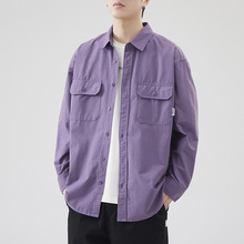 日系工装衬衫男士春秋紫色纯棉复古长袖宽松口袋衬衣百搭休闲外套