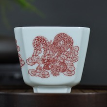 景德镇茶具茶杯釉里红龙纹异型四方杯瓷器主人杯单杯功夫茶大杯子