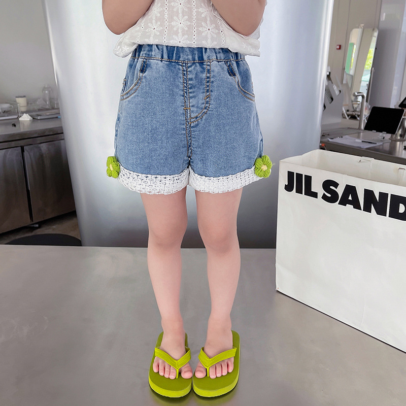 女童牛仔短裤2024夏装新款童装儿童裤子宝宝蕾丝小童花边女孩热裤