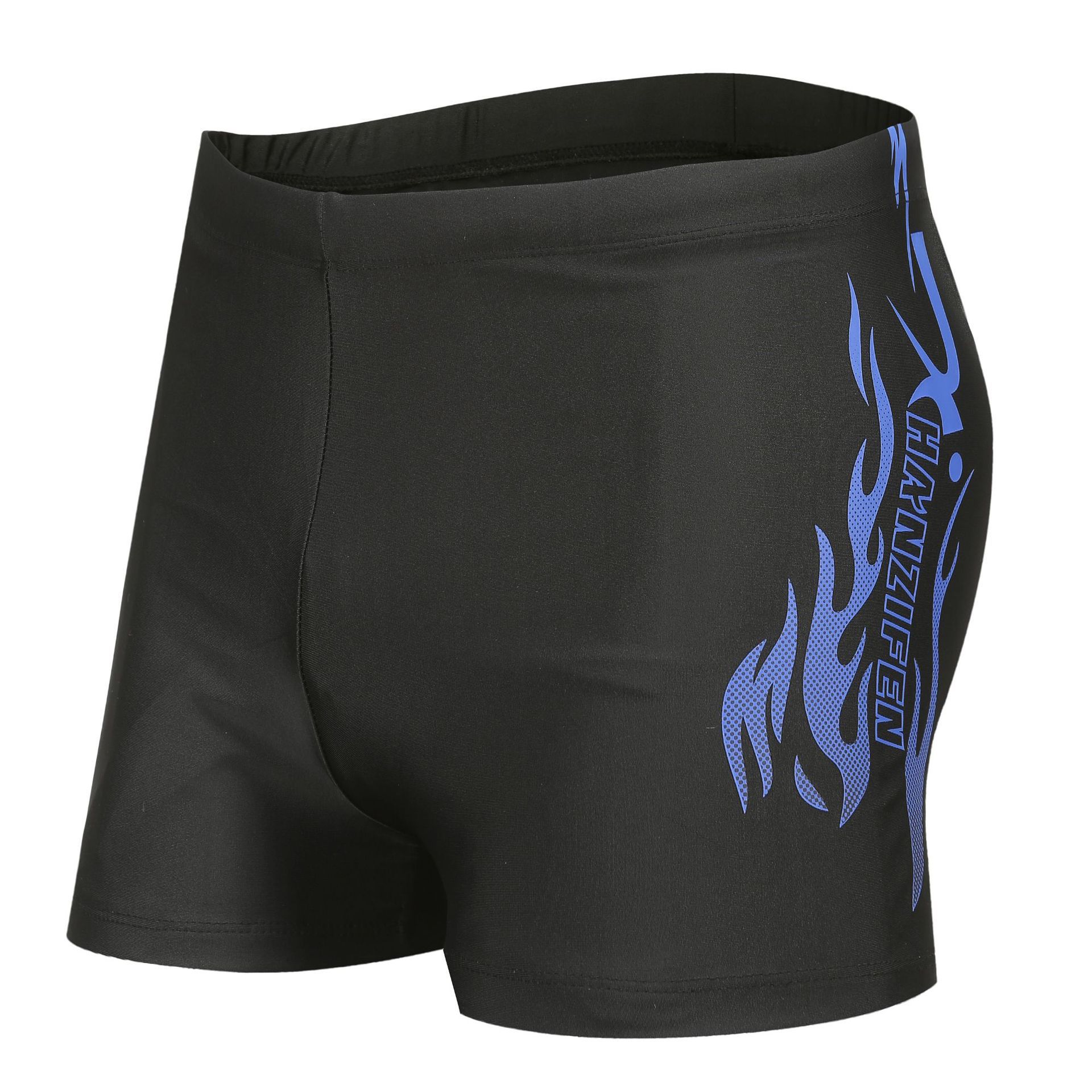 速干男士泳裤成人平四角短裤欧美沙滩紧身白色印花火焰泳帽套装