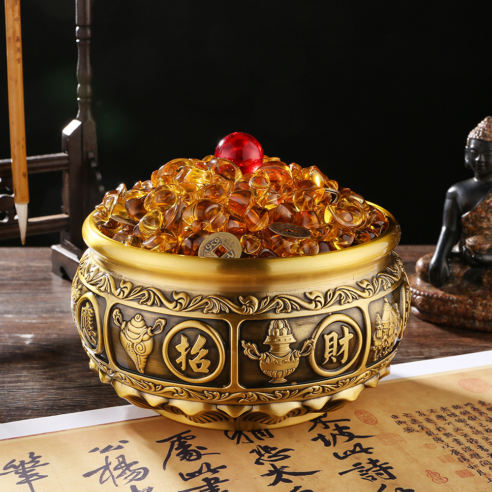 大号做旧有求必应聚宝盆复古八宝缸储物元宝聚财缸香炉礼品铜摆件